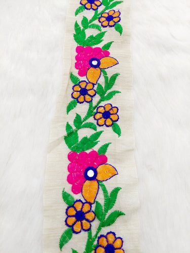 Beige Art Silk Fabric Trim With Pink and Yellow Floral Embroidery, Foil Mirror Embroider Trimming, Trim By The Yard